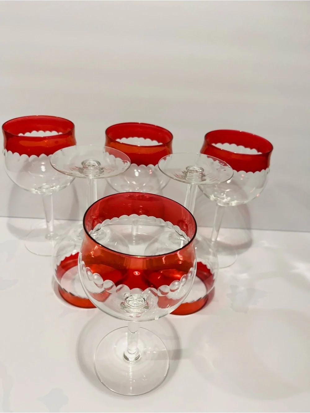 Vintage 1950’s Czech Crystal Cranberry Cut Dots Wine Glasses Set of 6